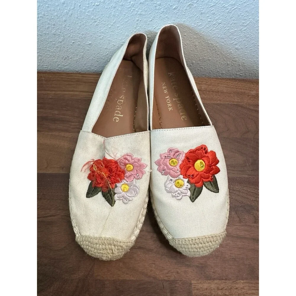 Kate Spade Cream Dahlia Espadrille Flat Loafers w Floral Embroidery Size 8